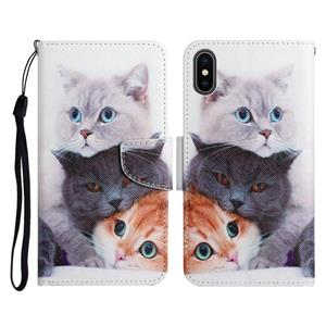 huismerk Geschilderd Patroon Horizontale Flip Lederen Case met Houder & Card Slot & Portemonnee voor iPhone XS MAX (drie katten)