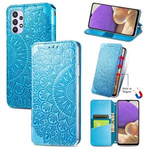 huismerk Voor Samsung Galaxy A32 4G Bloeiende Mandala Reliëf Patroon Magnetische Horizontale Flip Lederen Hoesje met Houder &sleuven &Portemonnee (Blauw)