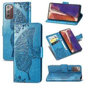 huismerk Voor Samsung Galaxy Note 20 Ultra Butterfly Love Flower Reliëf Horizontale Flip Lederen Case met beugel / kaartslot / Portemonnee / Lanyard(Blauw)