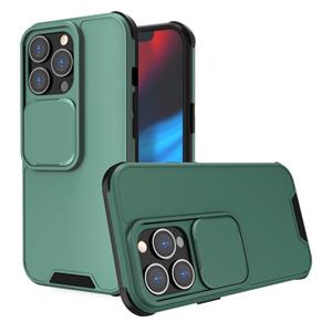 huismerk Op en neer Schuifcamera Cover Ontwerp Schokbestendig TPU + PC-beschermhoes voor iPhone 13 (Dark Green)