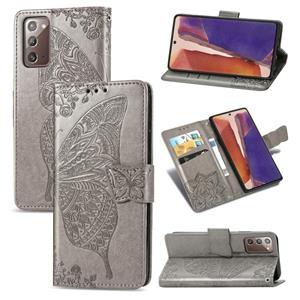 huismerk Voor Samsung Galaxy Note 20 Ultra Butterfly Love Flower Reliëf Horizontale Flip Lederen Case met beugel / kaartslot / Portemonnee / Lanyard(Grijs)