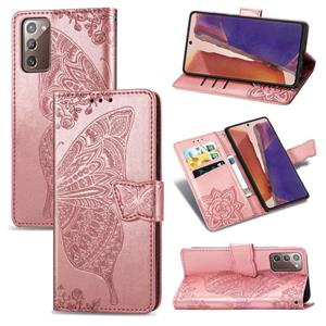 huismerk Voor Samsung Galaxy Note 20 Ultra Butterfly Love Flower Reliëf Horizontale Flip Lederen Case met beugel / kaartslot / Portemonnee / Lanyard (Rose Gol