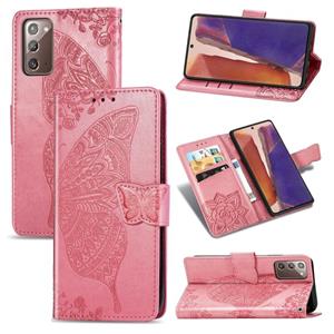 huismerk Voor Samsung Galaxy Note 20 Ultra Butterfly Love Flower Reliëf Horizontale Flip Lederen Case met beugel / kaartslot / Portemonnee / Lanyard (Roze)