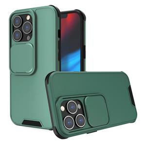 huismerk Op en neer glijdende camera cover ontwerp schokbestendige TPU + pc beschermhoes voor iPhone 13 Pro (donkergroen)