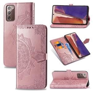 huismerk Voor Samsung Galaxy Note20 Ultra Halverwege Mandala Reliëf Patroon Horizontaal Flip Lederen Hoesje met Holder & Card Slots & Wallet & Lanyard(Rose Go