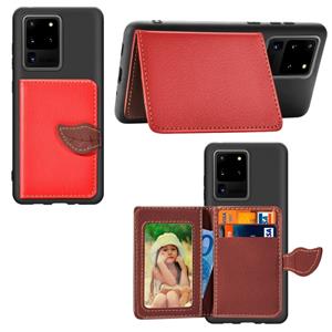 huismerk Voor Galaxy S20 Ultra Leaf Buckle Litchi Texture Card Holder PU + TPU Case met Card Slot & Wallet & Holder & Photo Frame(Red)