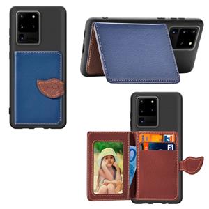 huismerk Voor Galaxy S20 Ultra Leaf Buckle Litchi Texture Card Holder PU + TPU Case met Kaartslot & Wallet & Holder & Photo Frame(Blue)