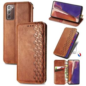 huismerk Voor Samsung Galaxy Note 20 Cubic Grid Geperst horizontal flip magnetische PU lederen case met Holder & Card Slots & Wallet(Brown)