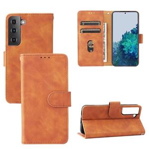 huismerk Voor Samsung Galaxy S22 5G Skin Feel Magnetic Buckle Calf Texture PU-telefoonhoes (Bruin)