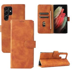 huismerk Voor Samsung Galaxy S22 Ultra 5G Skin Feel Magnetic Buckle Calf Texture PU-telefooncase (Brown)