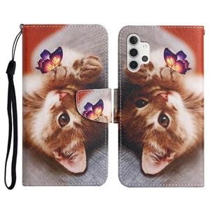 huismerk Voor Samsung Galaxy A32 5G Geschilderd Patroon Horizontale Flip Leren Case met Houder & Card Slot & Portemonnee (Butterfly Cat)