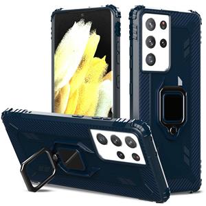 huismerk Voor Samsung Galaxy S21 Ultra 5G Carbon Fiber Beschermhoes met 360 graden roterende ringhouder (blauw)