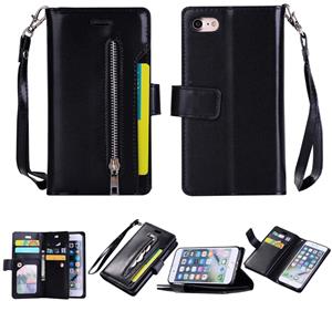 huismerk Voor iPhone SE 2020 / 8 / 7 Multifunctionele Rits Horizontale Flip Lederen Case met Holder & Wallet & 9 Card Slots & Lanyard(Zwart)