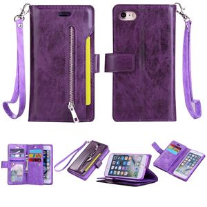 huismerk Voor iPhone SE 2020 / 8 / 7 Multifunctionele Rits Horizontale Flip Lederen Case met Holder & Wallet & 9 Card Slots & Lanyard(Paars)