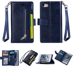 huismerk Voor iPhone SE 2020 / 8 / 7 Multifunctionele Rits Horizontale Flip Lederen Case met Holder & Wallet & 9 Card Slots & Lanyard(Blauw)