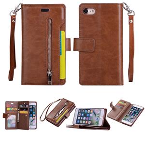 huismerk Voor iPhone SE 2020 / 8 / 7 Multifunctionele Rits Horizontale Flip Lederen Case met Holder & Wallet & 9 Card Slots & Lanyard(Bruin)