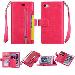 huismerk Voor iPhone SE 2020 / 8 / 7 Multifunctionele Rits Horizontale Flip Lederen Case met Holder & Wallet & 9 Card Slots & Lanyard(Rose Red)