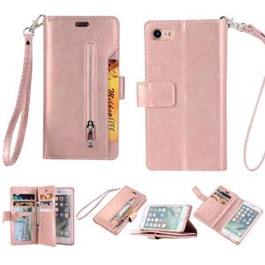 huismerk Voor iPhone SE 2020 / 8 / 7 Multifunctionele Rits Horizontale Flip Lederen Case met Holder & Wallet & 9 Card Slots & Lanyard(Rose Gold)