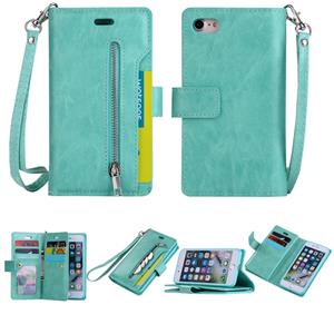 huismerk Voor iPhone SE 2020 / 8 / 7 Multifunctionele Rits Horizontale Flip Lederen Case met Holder & Wallet & 9 Card Slots & Lanyard(Mint Green)