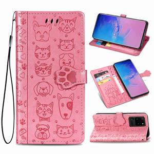 huismerk Voor Galaxy S20 Ultra Cute Kat en Hond Reliëf Horizontale Flip PU lederen zaak met houder / kaartsleuf / portemonnee / Lanyard (Roze)