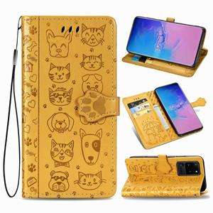 huismerk Voor Galaxy S20 Ultra Cute Kat en Hond Reliëf horizontale Flip PU lederen zaak met houder / kaartsleuf / portemonnee / Lanyard (Geel)