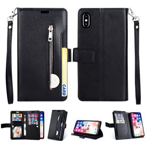 huismerk Voor iPhone X / XS Multifunctionele Rits Horizontale Flip Lederen Case met Holder & Wallet & 9 Card Slots & Lanyard(Zwart)