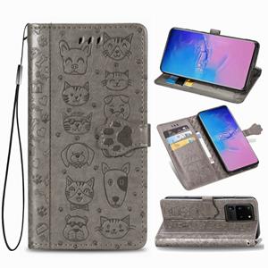 huismerk Voor Galaxy S20 Ultra Cute Kat en Hond Reliëf horizontale Flip PU lederen zaak met houder / kaartsleuf / portemonnee / Lanyard (Grijs)