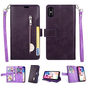 huismerk Voor iPhone X / XS Multifunctionele rits horizontale flip lederen hoes met Holder & Wallet & 9 Card Slots & Lanyard(Paars)