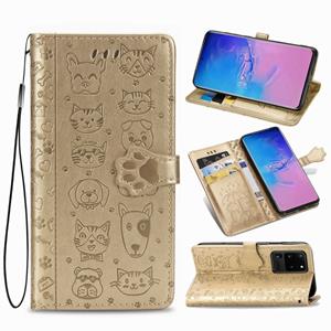 huismerk Voor Galaxy S20 Ultra Cute Kat en Hond Reliëf horizontale Flip PU lederen zaak met houder / kaartsleuf / portemonnee / Lanyard (Goud)