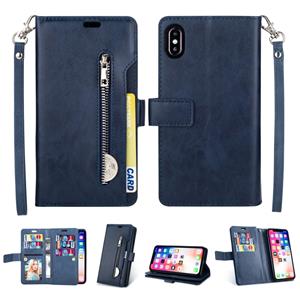 huismerk Voor iPhone X / XS Multifunctionele Rits Horizontale Flip Lederen Case met Holder & Wallet & 9 Card Slots & Lanyard(Blue)