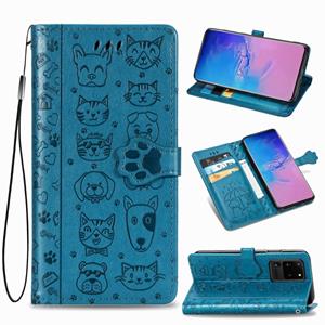 huismerk Voor Galaxy S20 Ultra Cute Kat en Hond Reliëf horizontale Flip PU lederen zaak met houder / kaartsleuf / portemonnee / Lanyard (Blauw)