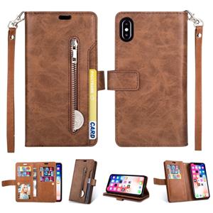 huismerk Voor iPhone X / XS Multifunctionele Rits Horizontale Flip Lederen Case met Holder & Wallet & 9 Card Slots & Lanyard(Bruin)