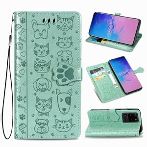 huismerk Voor Galaxy S20 Ultra Cute Kat en Hond Reliëf horizontale Flip PU lederen zaak met houder / kaartsleuf / portemonnee / Lanyard (Groen)