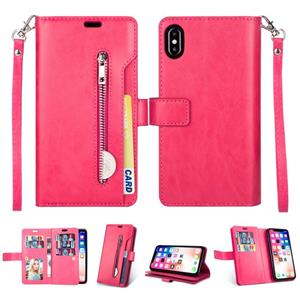 huismerk Voor iPhone X / XS Multifunctionele Rits Horizontale Flip Lederen case met Holder & Wallet & 9 Card Slots & Lanyard(Rose Red)