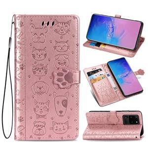 huismerk Voor Galaxy S20 Ultra Cute Kat en Hond Reliëf Horizontale Flip PU lederen zaak met houder / kaartsleuf / portemonnee / Lanyard (Rose Gold)