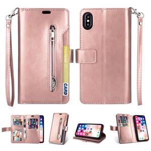 huismerk Voor iPhone X / XS Multifunctionele Rits Horizontale Flip Lederen case met Holder & Wallet & 9 Card Slots & Lanyard(Rose Gold)