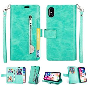 huismerk Voor iPhone X / XS Multifunctionele Rits Horizontale Flip Lederen Case met Holder & Wallet & 9 Card Slots & Lanyard(Mint Green)