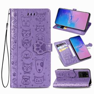 huismerk Voor Galaxy S20 Ultra Cute Kat en Hond Reliëf horizontale Flip PU lederen zaak met houder / kaartsleuf / portemonnee / Lanyard (Paars)