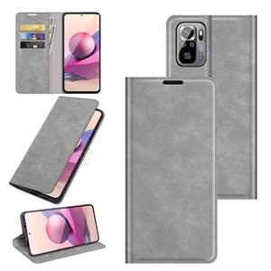 huismerk Voor Xiaomi Redmi Note 10 4G / Note 10S Retro-skin Business Magnetic Suction Lederen Hoesje met houder Kaartsleuven & Portemonnee (Grijs)