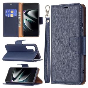 huismerk Voor Samsung Galaxy S22 + 5G Litchi Textuur Pure Kleur Horizontale Flip Lederen Telefoonhoesje Met Houder & Card Slots & Wallet & Lanyard (Dark Blue)