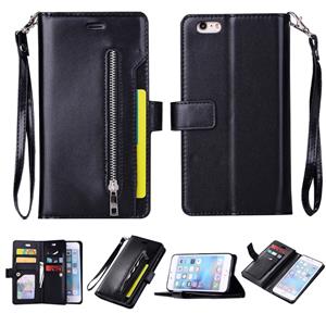 huismerk Voor iPhone 6 Plus & 6s Plus Multifunctionele Rits Horizontale Flip Lederen Case met Holder & Wallet & 9 Card Slots & Lanyard(Zwart)