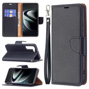 huismerk Voor Samsung Galaxy S22 + 5G Litchi Textuur Pure Kleur Horizontale Flip Leren Telefoonhoesje Met Houder & Card Slots & Wallet & Lanyard (Zwart)