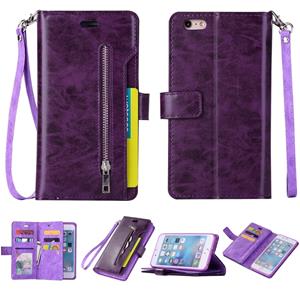 huismerk Voor iPhone 6 Plus & 6s Plus Multifunctionele Rits Horizontale Flip Lederen Case met Holder & Wallet & 9 Card Slots & Lanyard(Paars)