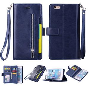 huismerk Voor iPhone 6 Plus & 6s Plus Multifunctionele Rits Horizontale Flip Lederen Case met Holder & Wallet & 9 Card Slots & Lanyard(Blauw)