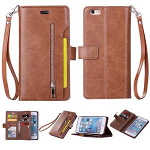 huismerk Voor iPhone 6 Plus & 6s Plus Multifunctionele Rits Horizontale Flip Lederen Case met Holder & Wallet & 9 Card Slots & Lanyard(Bruin)