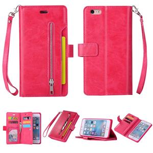 huismerk Voor iPhone 6 Plus & 6s Plus Multifunctionele Rits Horizontale Flip Lederen Case met Holder & Wallet & 9 Card Slots & Lanyard(Rose Red)