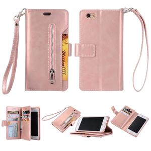 huismerk Voor iPhone 6 Plus & 6s Plus Multifunctionele Rits Horizontale Flip Lederen Case met Holder & Wallet & 9 Card Slots & Lanyard(Rose Gold)