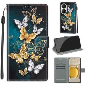 Huismerk Voltage Coloured Drawing Magnetic Clasp Horizontal Flip PU Leather Case with Holder & Card Slots For Huawei P50 Pro(C20 Gold Silver Flying Butterflies