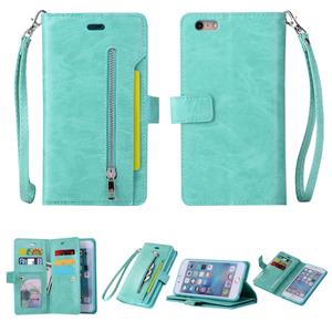 huismerk Voor iPhone 6 Plus & 6s Plus Multifunctionele Rits Horizontale Flip Lederen Case met Holder & Wallet & 9 Card Slots & Lanyard(Mint Green)