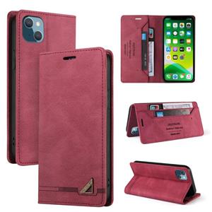 huismerk Huid voelt anti-diefstal borstel horizontale flip lederen tas met houder & kaart slots & portefeuille voor iphone 13 mini (wijn rood)